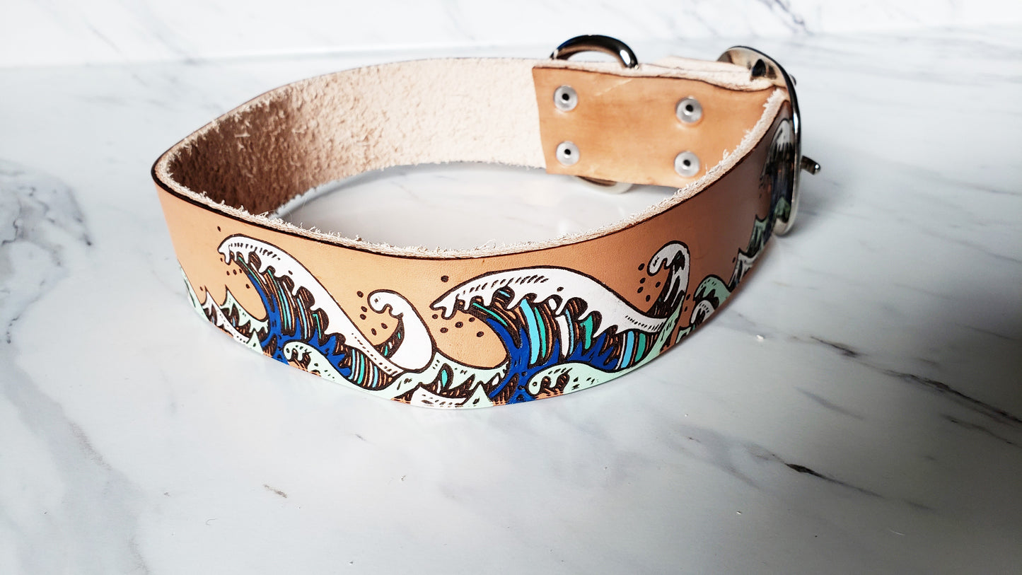 Ukiyo-e Wave - Leather Dog Collar