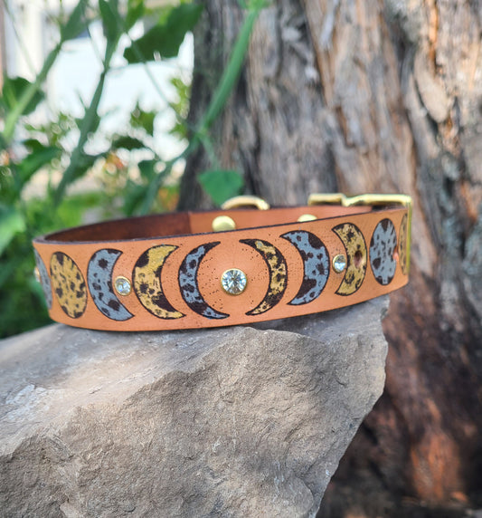 Rhinestone Celestial Moon - Leather dog Collar