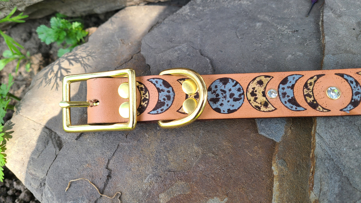 Rhinestone Celestial Moon - Leather dog Collar