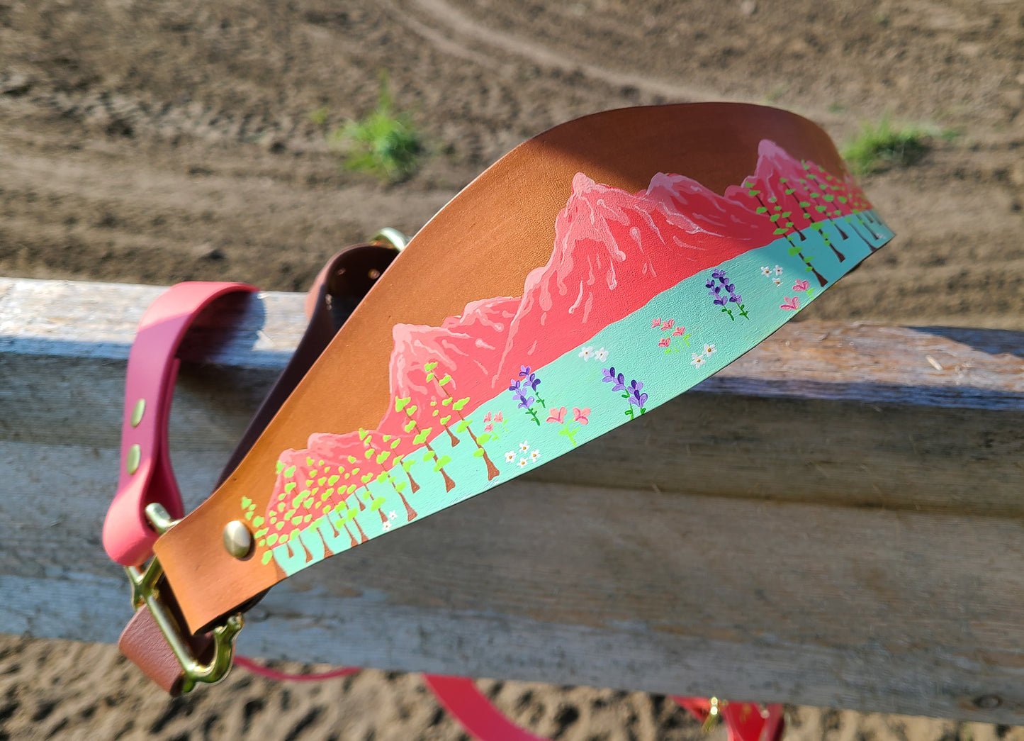 Floral Mountain Biothane Horse Halter with Leather Nose band - Custom Halter - Handmade Bronc Halter