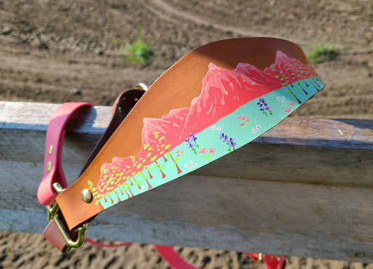 Floral Mountain Biothane Horse Halter with Leather Nose band - Custom Halter - Handmade Bronc Halter