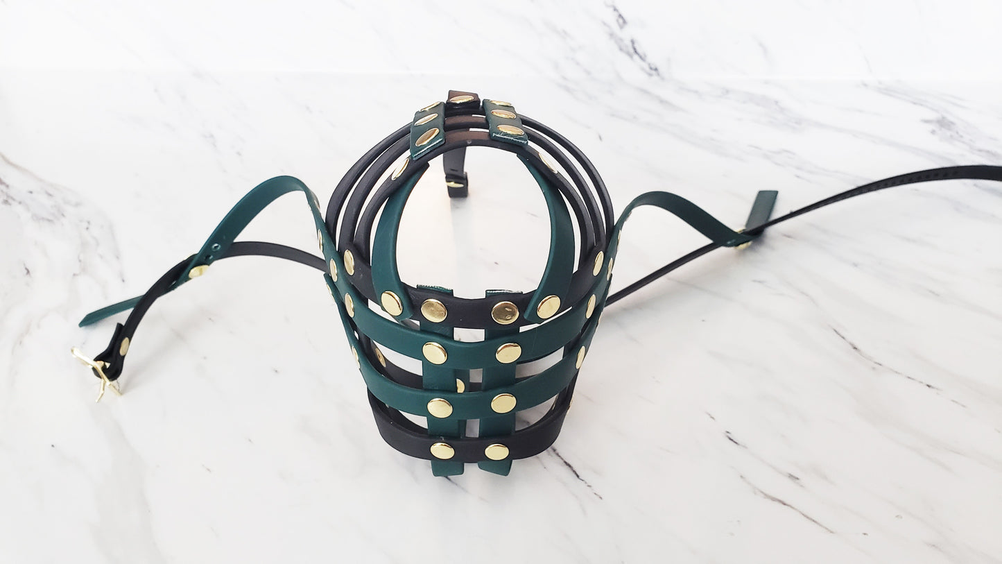 Basket Style Biothane Muzzle with Open Nose plus Forehead strap - Choose your Colors - Level one