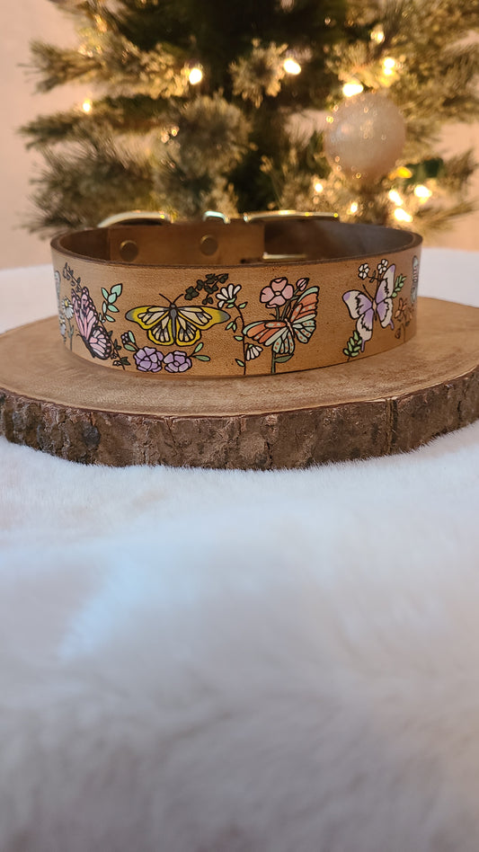 Butterfly meadow - Leather Dog Collar