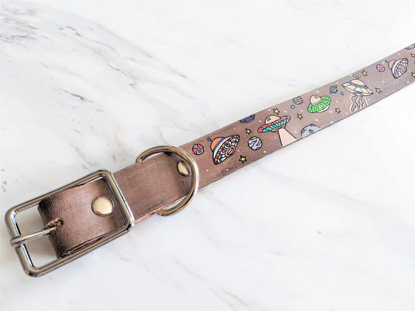 UFO Alien Spaceships - Leather Dog Collar