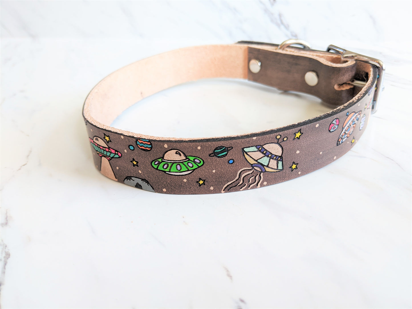 UFO Alien Spaceships - Leather Dog Collar