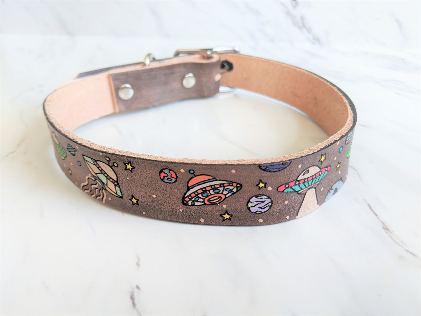 UFO Alien Spaceships - Leather Dog Collar
