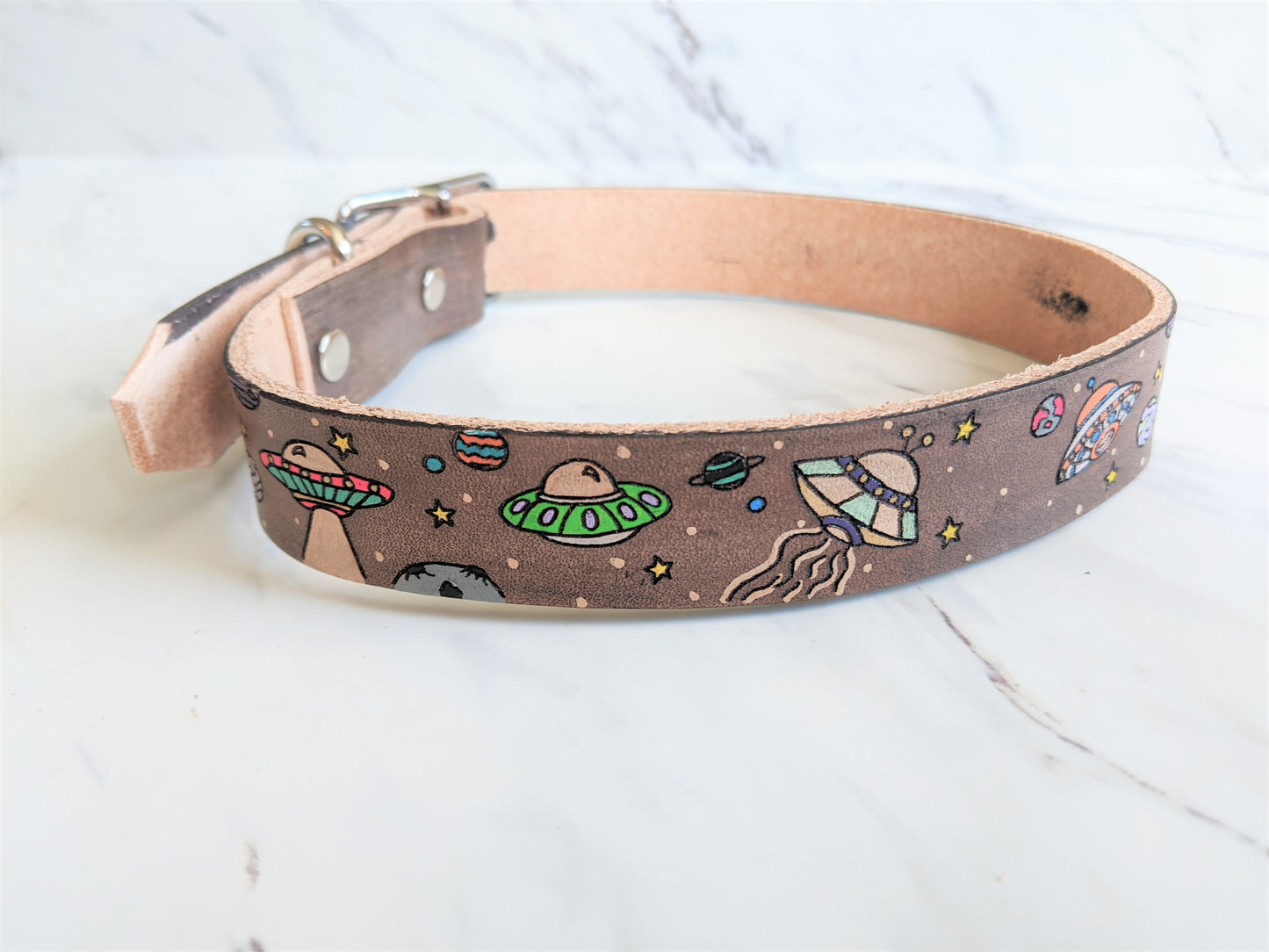 UFO Alien Spaceships - Leather Dog Collar