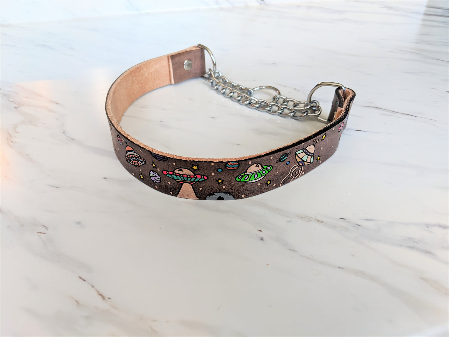 UFO Alien Spaceships - Leather Martingale Dog Collar