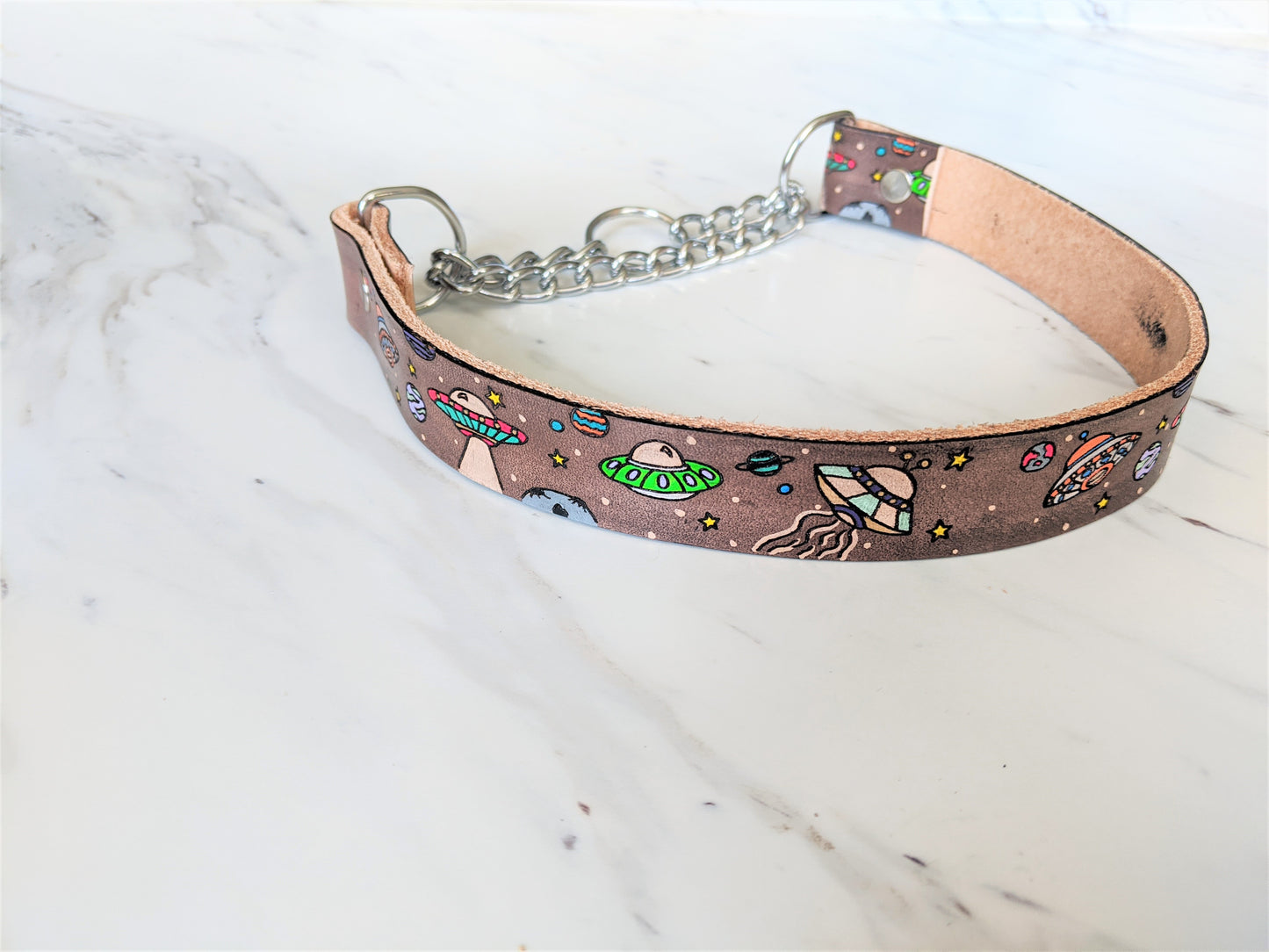 UFO Alien Spaceships - Leather Martingale Dog Collar