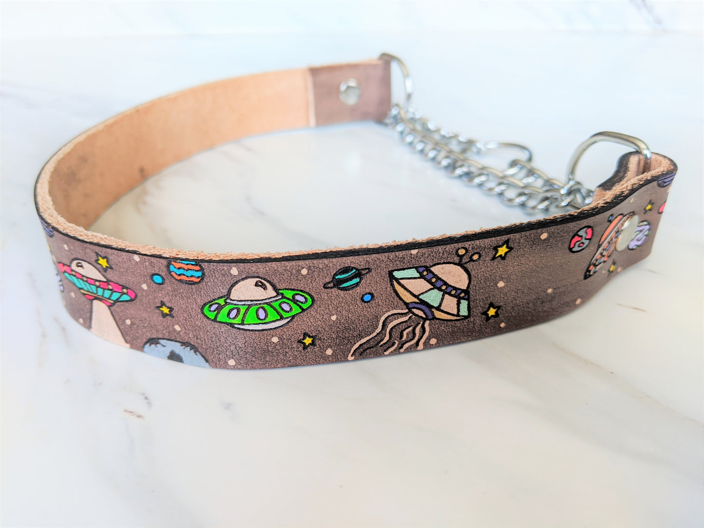 UFO Alien Spaceships - Leather Martingale Dog Collar