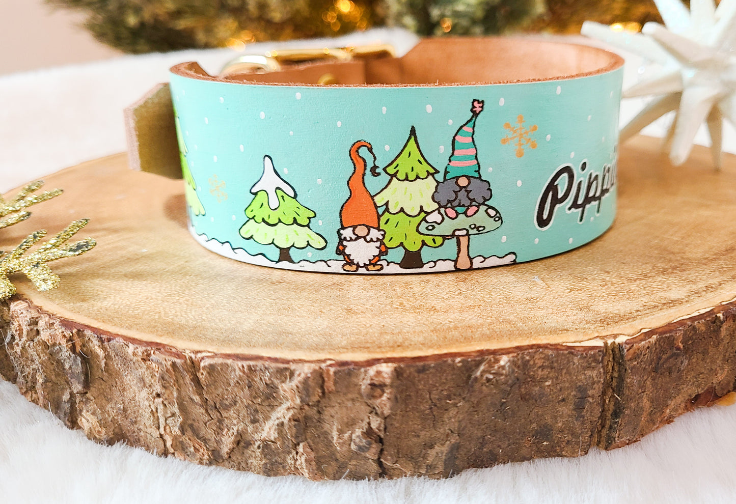 Holiday Gnome Leather Dog Collar