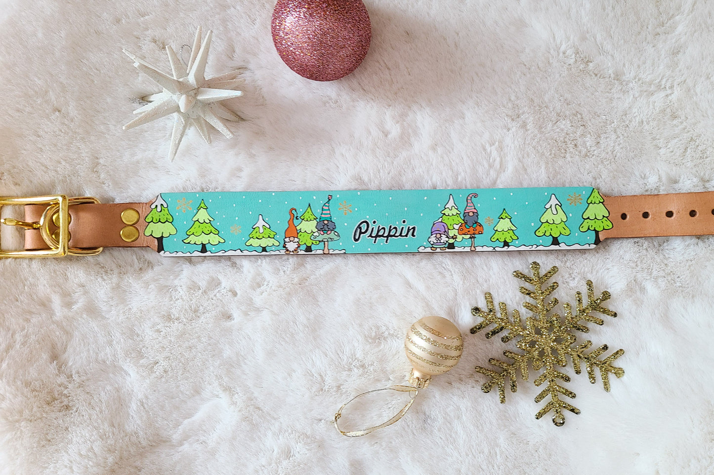 Holiday Gnome Leather Dog Collar