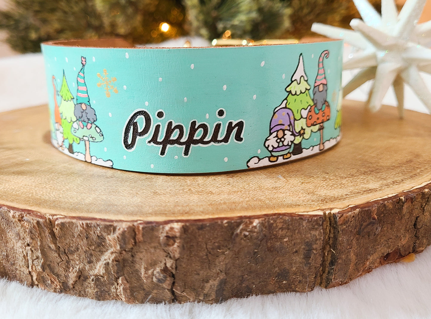Holiday Gnome Leather Dog Collar