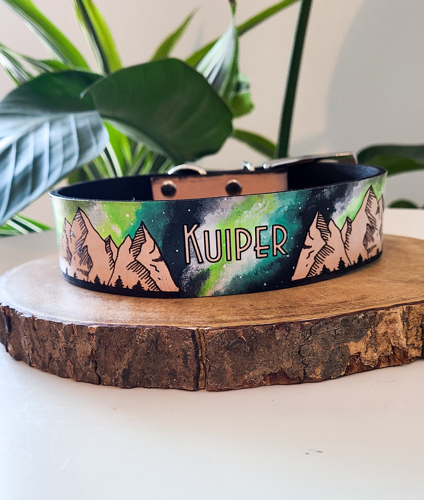 Green Milky Way Mountains - Leather Dog Collar