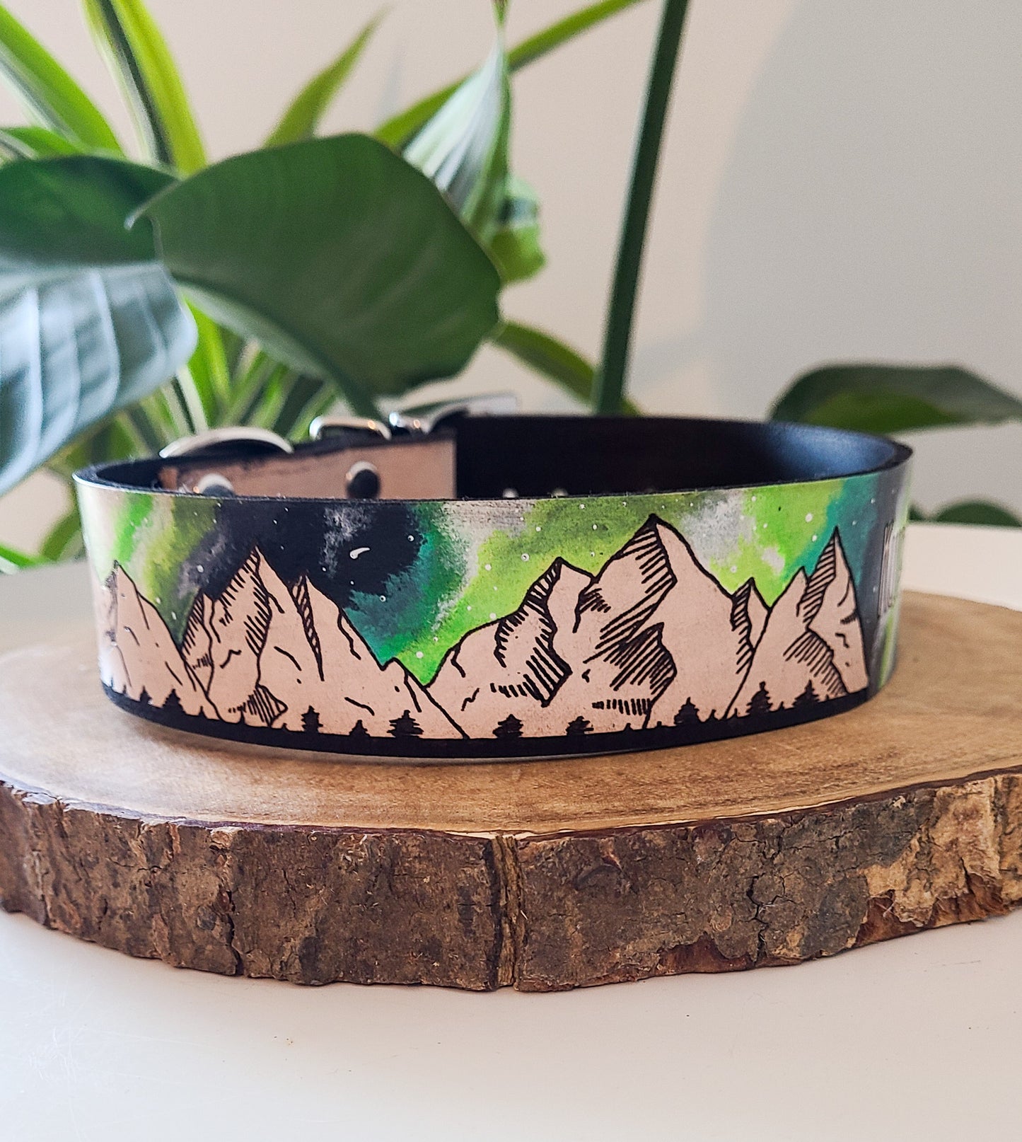 Green Milky Way Mountains - Leather Dog Collar