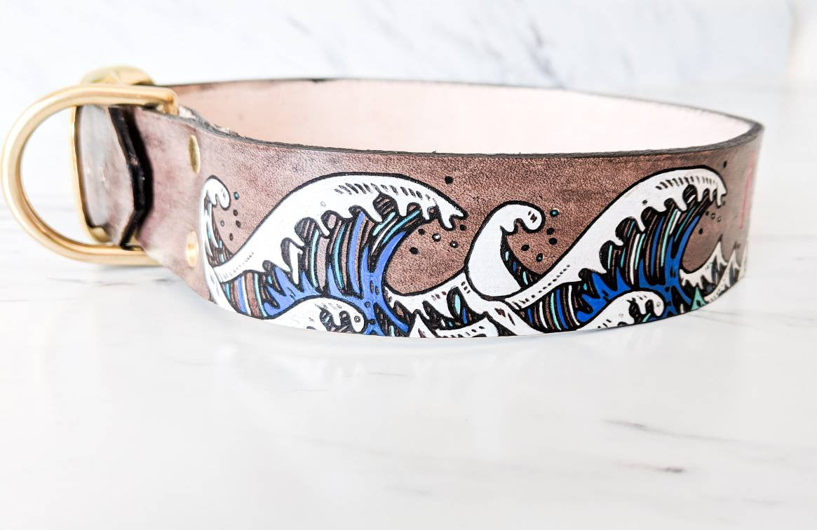Ukiyo-e Wave - Leather Dog Collar