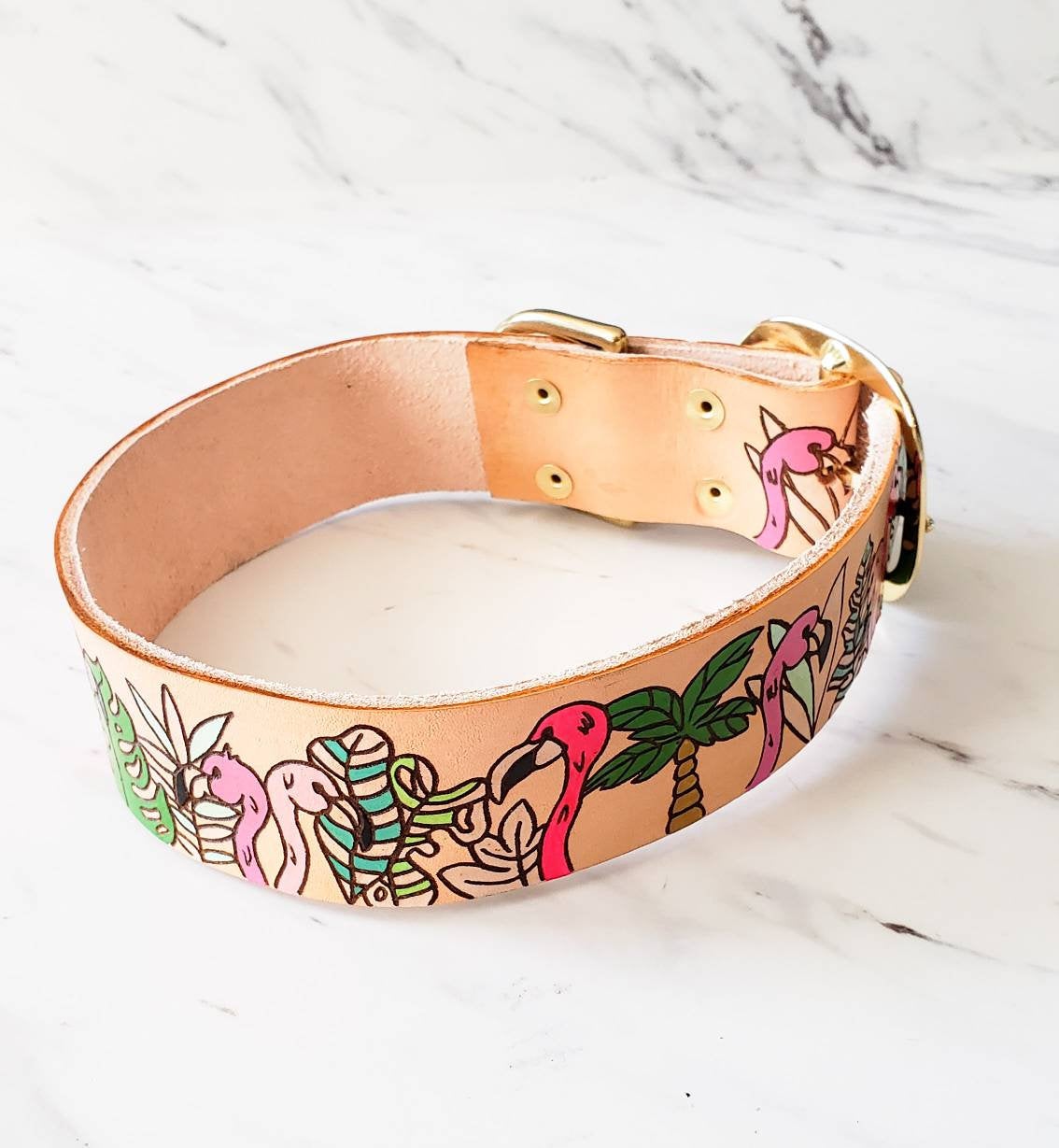 Flamboyant Flamingo - Leather Dog Collar