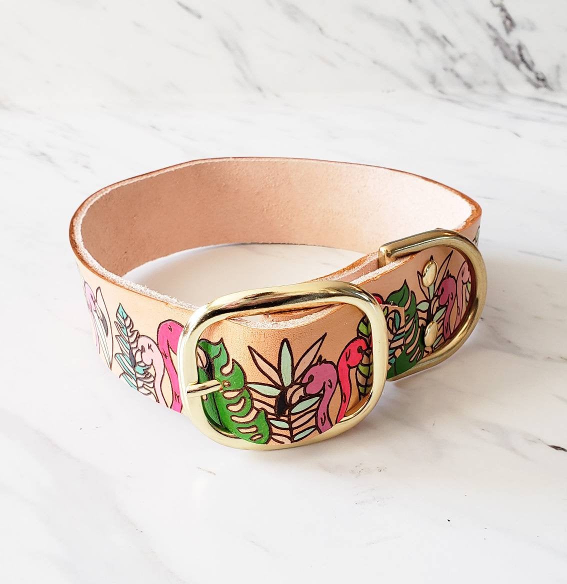 Flamboyant Flamingo - Leather Dog Collar