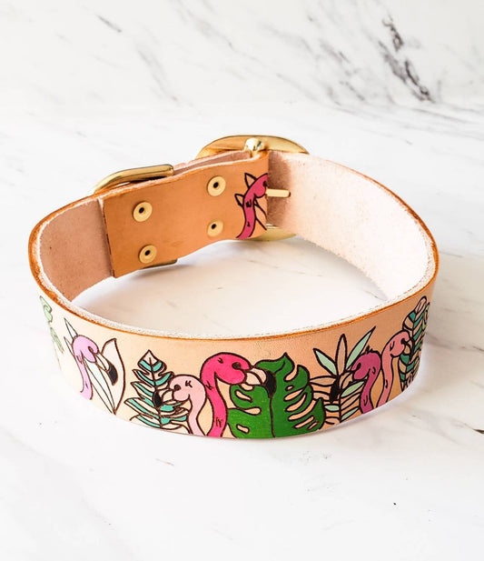 Flamboyant Flamingo - Leather Dog Collar
