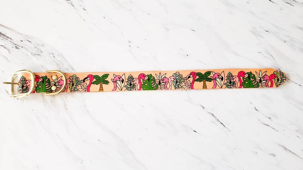 Flamboyant Flamingo - Leather Dog Collar